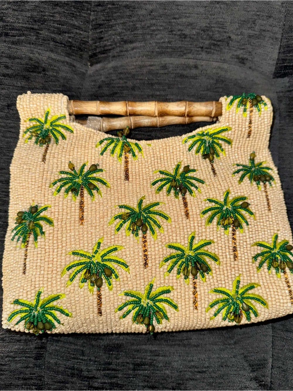 Beaded Palm Tree Tote with Bamboo Handles - Cream & Green